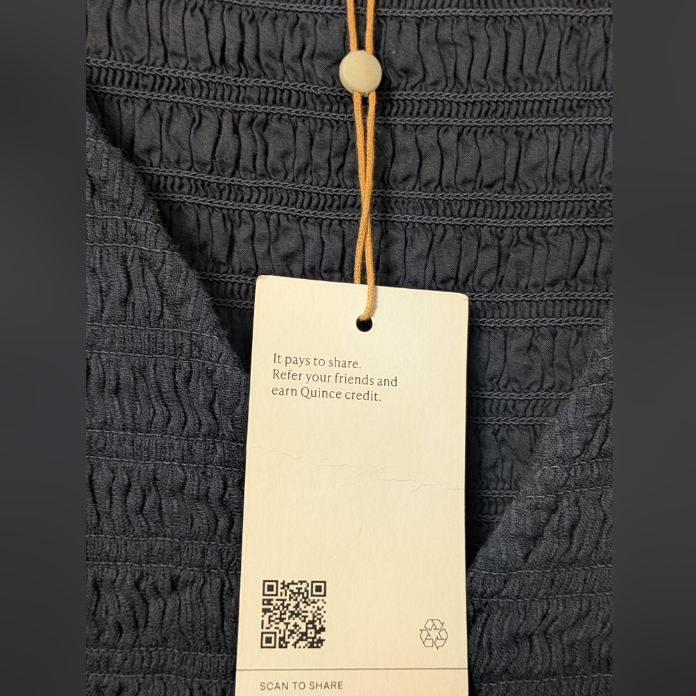 Quince Navy Organic Textured Cotton Smocked V-Neck Midi Dress - Picture 5 of 9